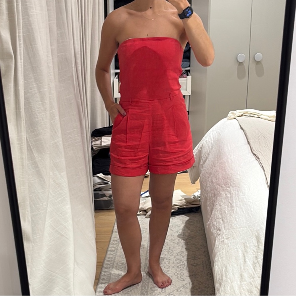 THEORY red strapless linen romper
